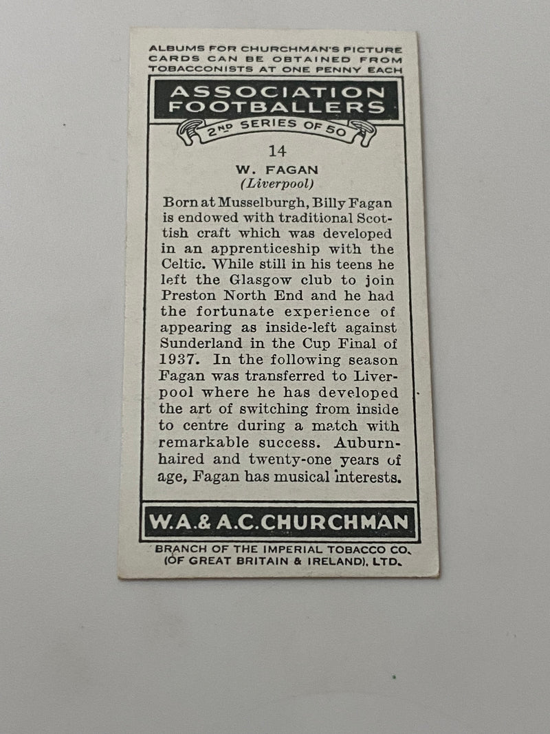 1939 Churchman's Association Footballers 2nd Series #14 William Willie Fagan