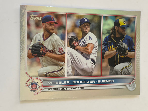 2022 Topps Series 1 Rainbow Foil #127 Strikeout Leaders with Wheeler / Scherzer / Burnes