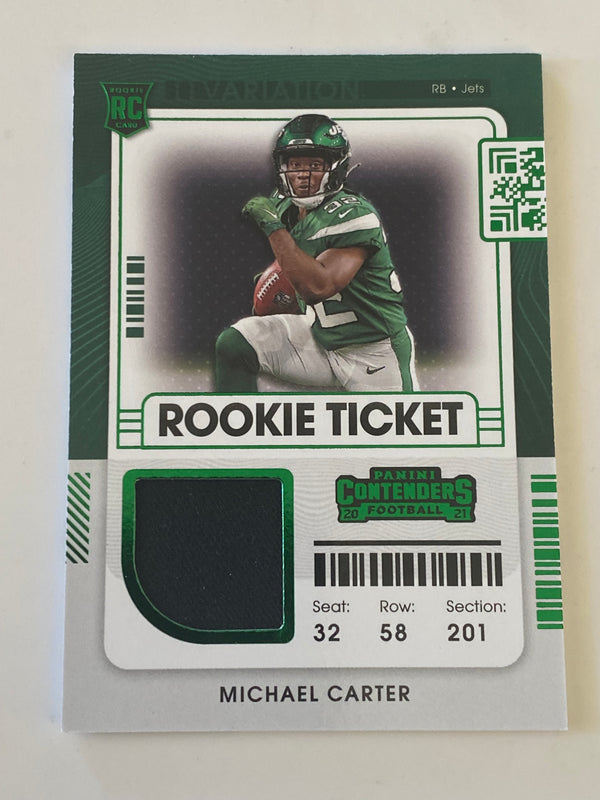 2021 Panini Contenders Rookie Ticket Jersey Green Foil #RSV-MCA Michael Carter RC